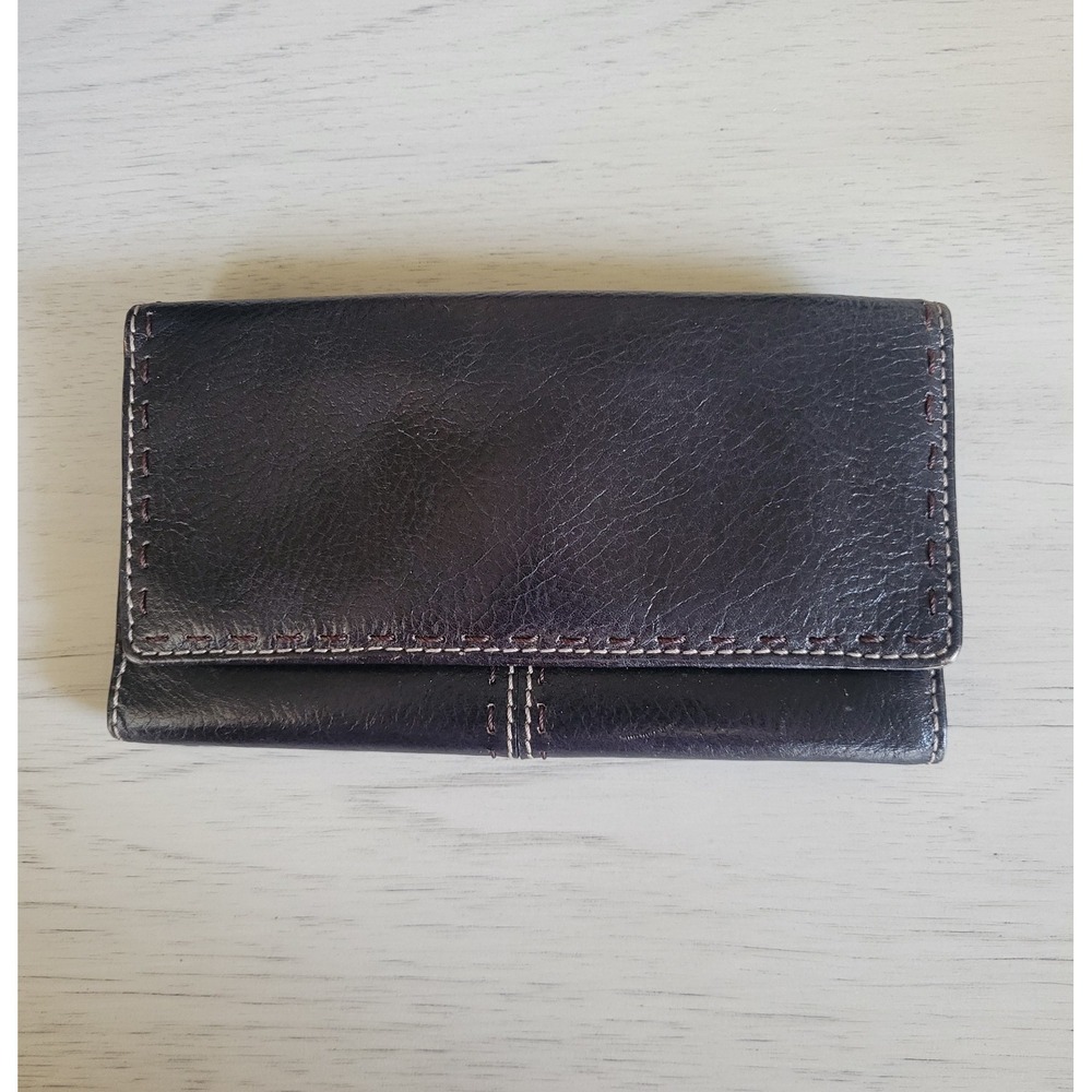 Fossil Long Black Trifold Wallet Stitched Leather Snap Closure Coin Zip Pocket